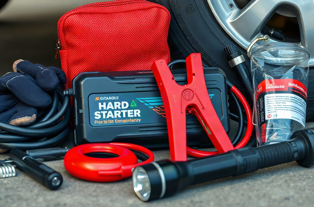 Hard-start Kit Contents for a Vehicle Emergency That Cover Power, Safety, and Diagnosis